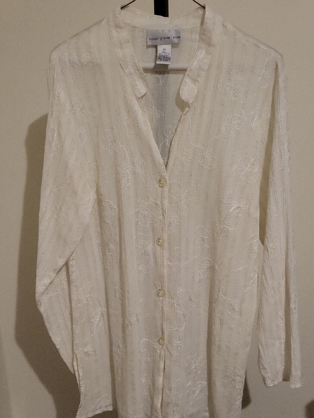 Susan Graver Cream Floral Embroidered Metallic Long-Sleeve Tunic Blouse Top